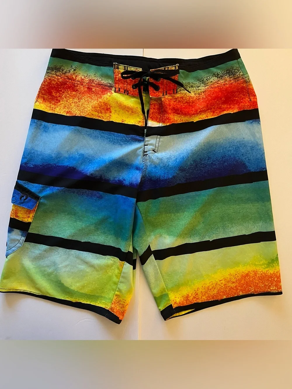 Mens Swim Shorts Size 32 Board Trunks Multicolor Striped Beach Pool Hang Ten